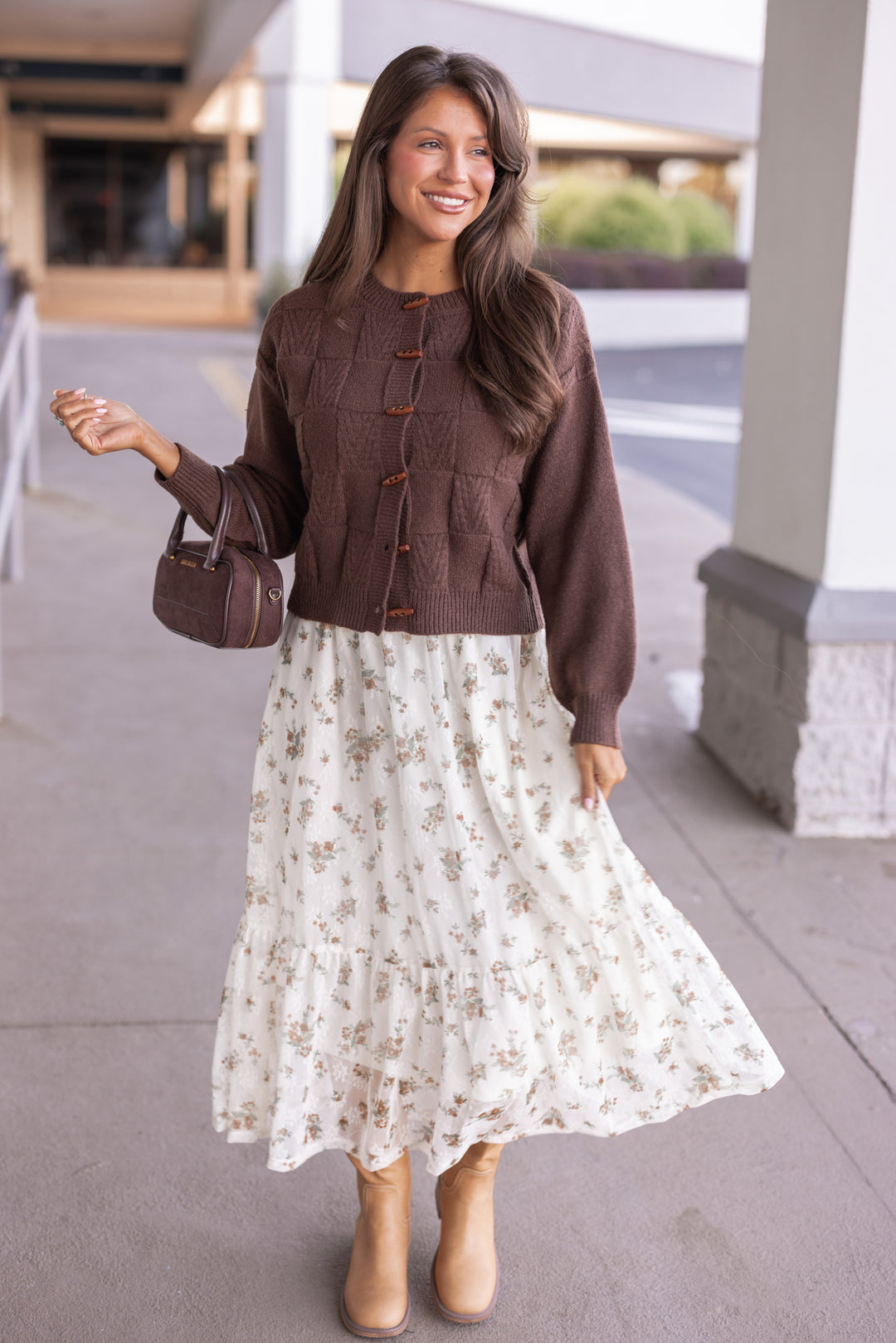Women's brown knit monochrome checkered button front sweater cardigan by Blu Pepper showing full front view