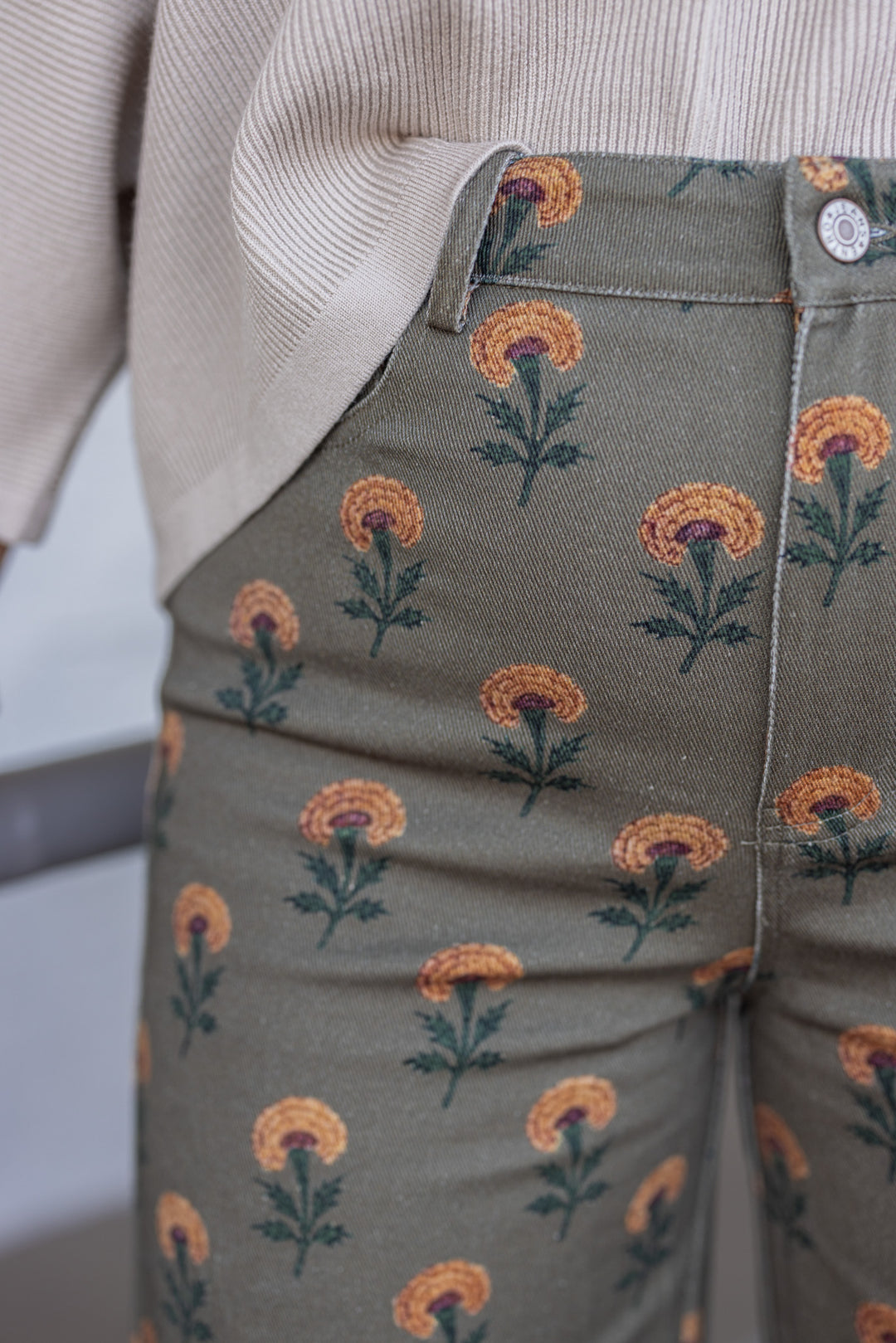 Olive Green Pants by Entro showing close look at floral pattern