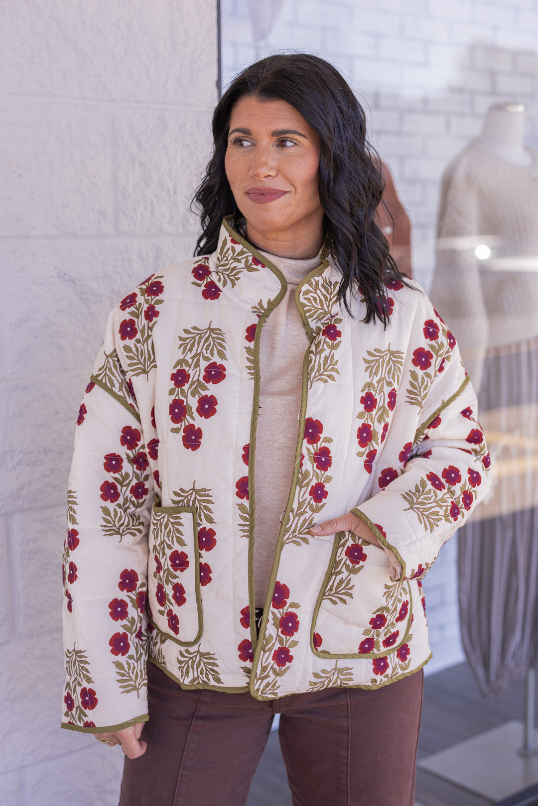 Women's ecru, dark red and olive floral print quilted puffer jacket by Entro