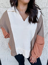 taupe rust color block pullover
