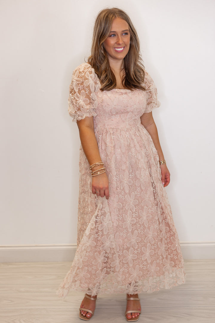 Women's dusty pink floral midi dress with sequins and gold metallic details by In February showing flowy skirt