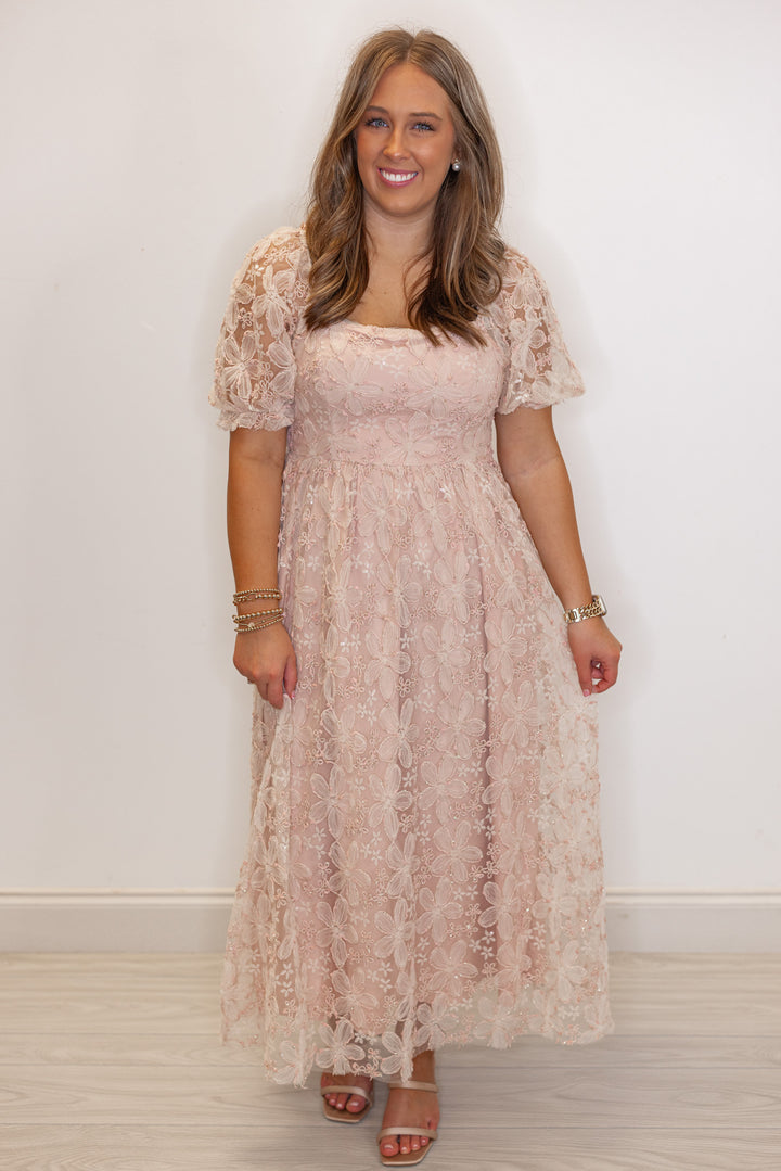 Women's dusty pink floral midi dress with sequins and gold metallic details by In February showing full front view