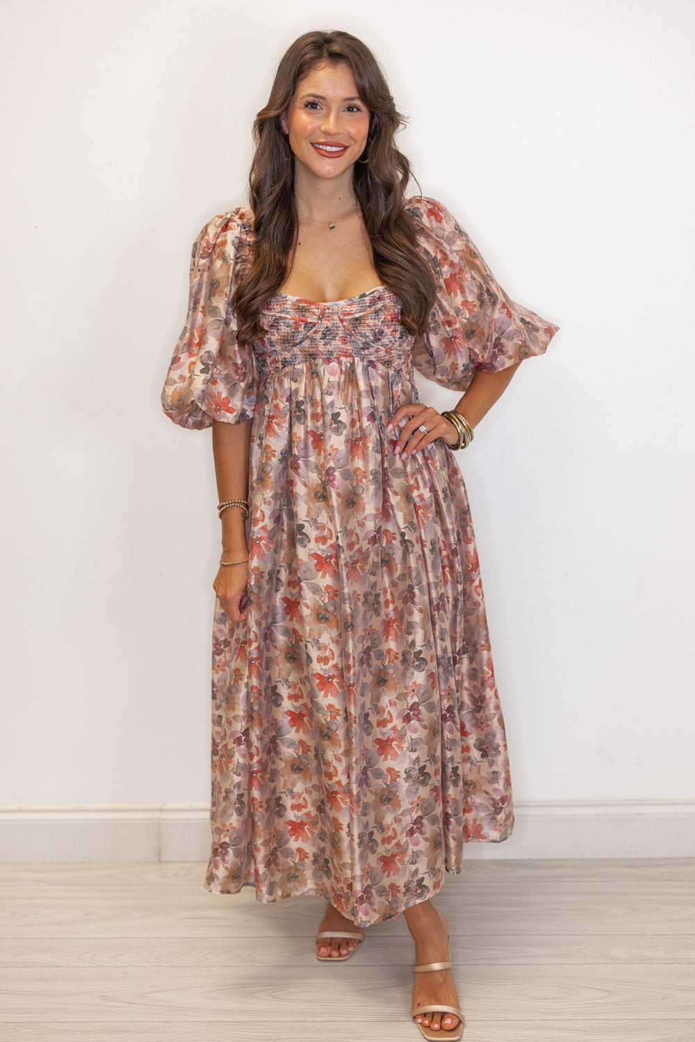 Champagne Chiffon Floral Print Vintage Smocked Midi Dress Small Champagne Chiffon Floral Print Vintage Smocked Midi Dress Small