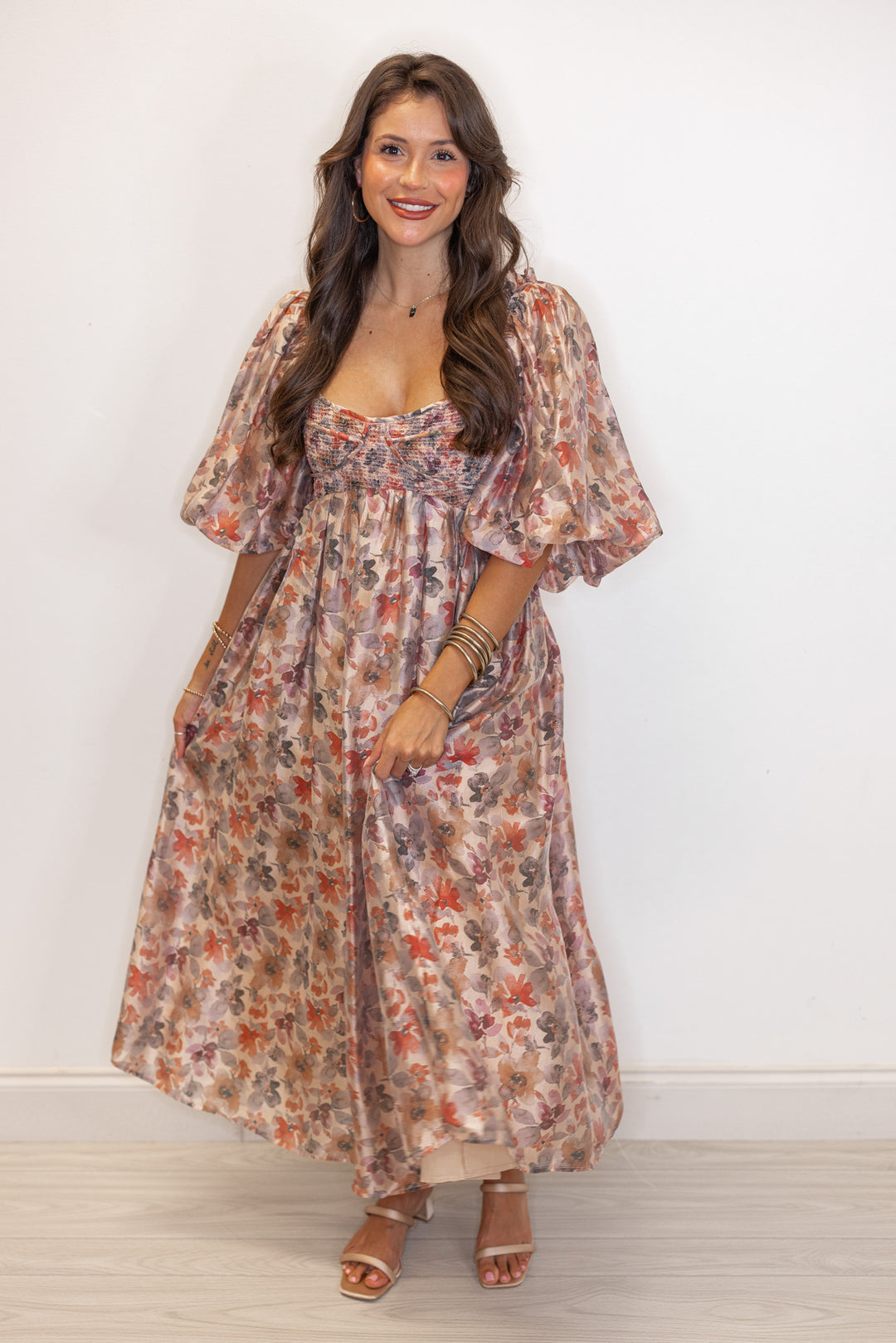 Champagne Chiffon Floral Print Vintage Smocked Midi Dress Small Champagne Chiffon Floral Print Vintage Smocked Midi Dress Small