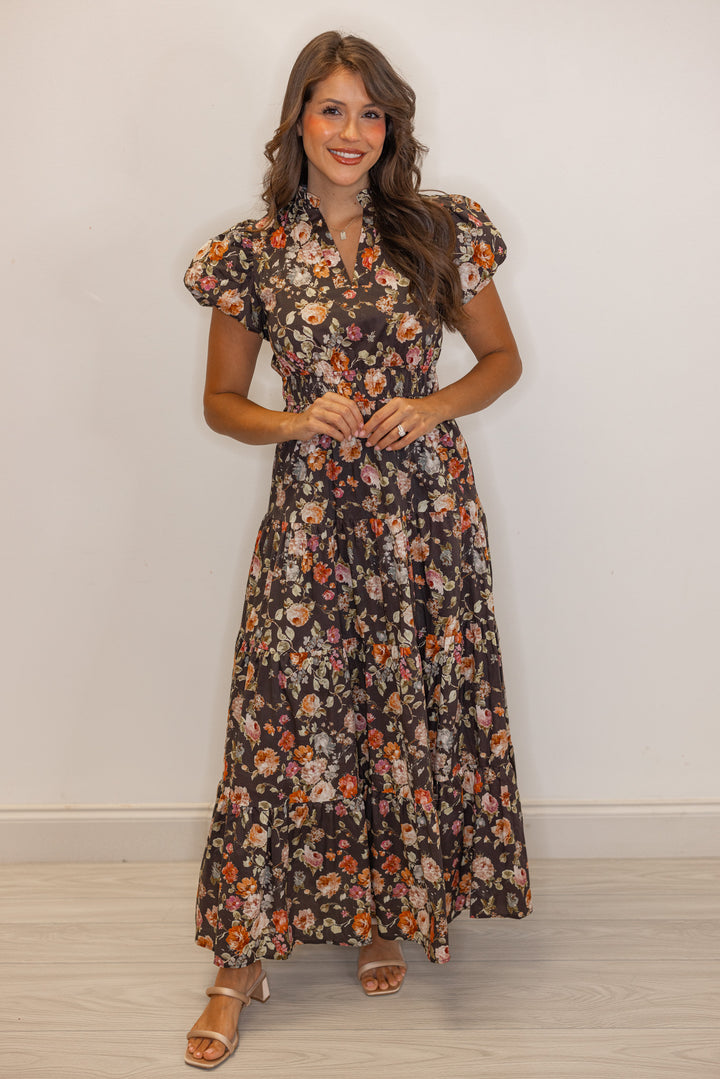 Women's trendy fall chocolate brown midi dress with empire waist and multicolor floral print by Entro