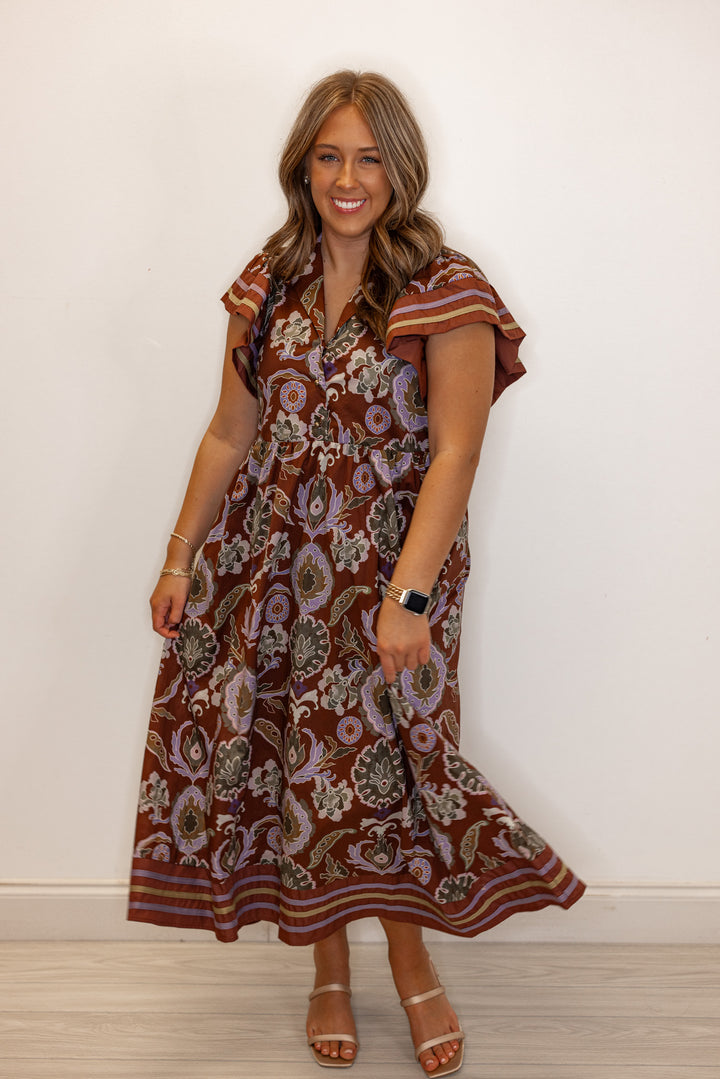 Women's red bean burgundy midi dress with multicolor abstract print by Entro