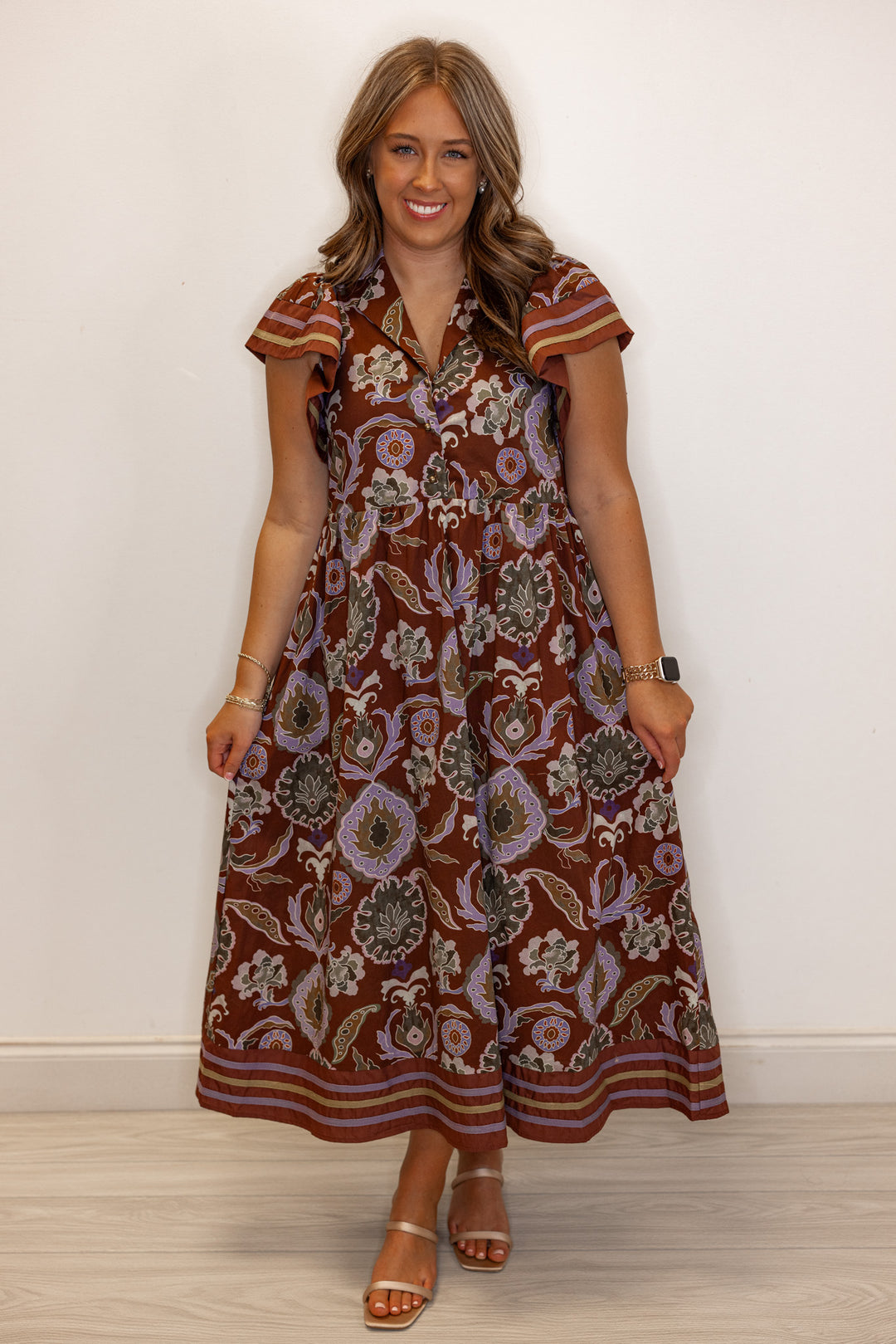 Women's red bean burgundy midi dress with multicolor abstract print by Entro showing full front view
