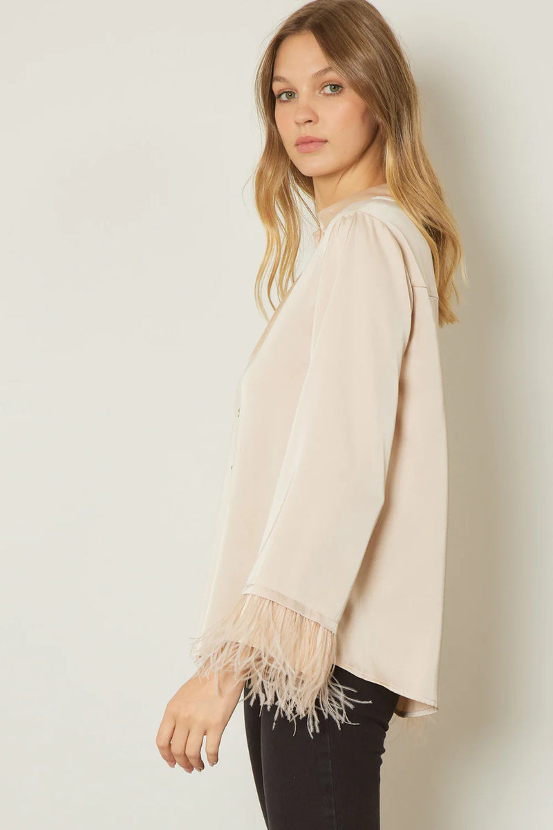 feather sleeve natural button up satin top
