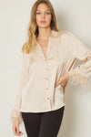 feather sleeve natural button up satin top