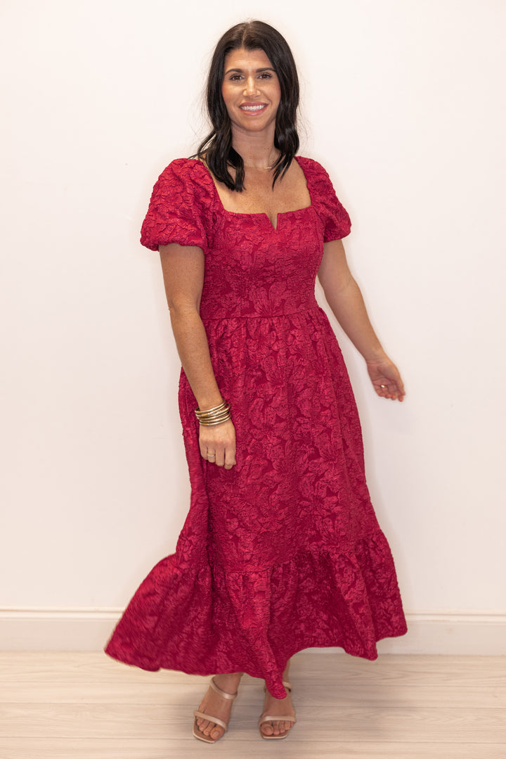 Jacie Jacquard Burgundy Midi Dress