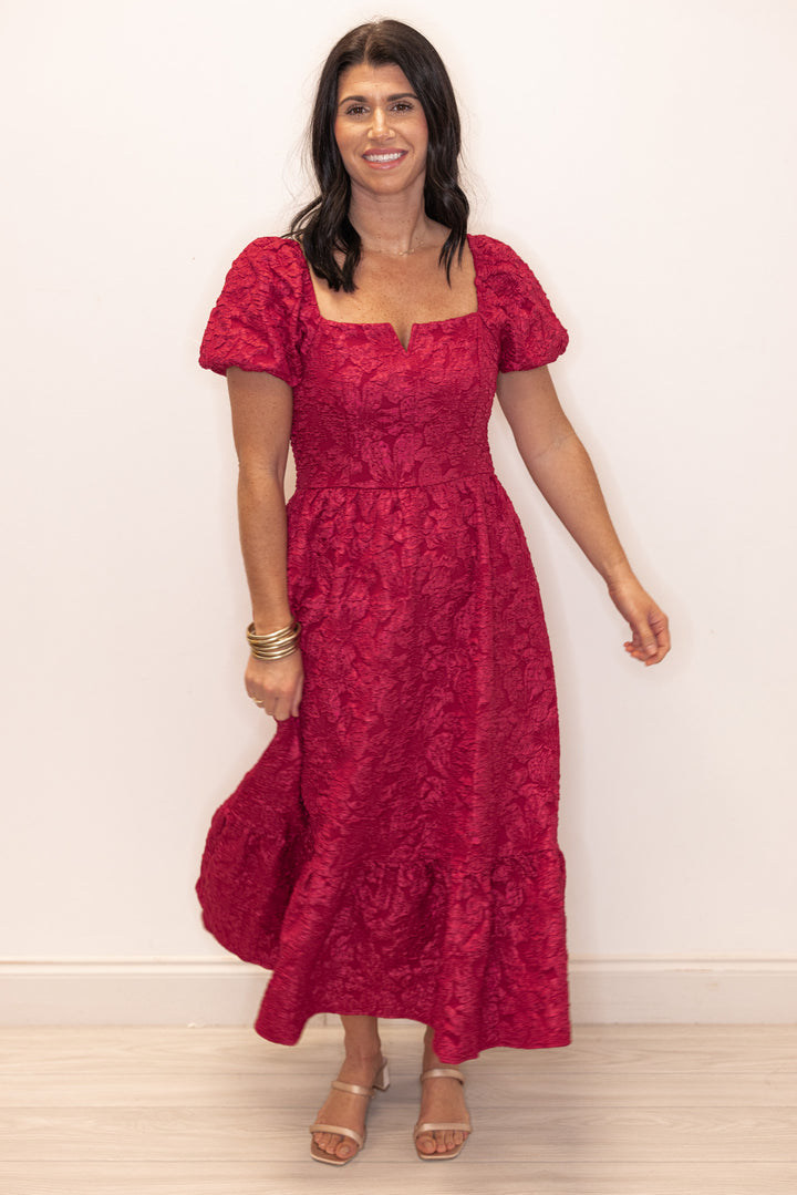 Jacie Jacquard Burgundy Midi Dress