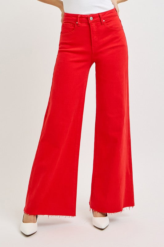 Risen Jeans fiesta red denim wide leg palazzo jeans with tummy control showing close up front view
