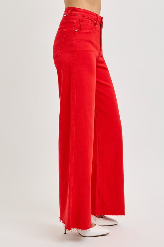 Risen Jeans fiesta red denim wide leg palazzo jeans with tummy control showing side view