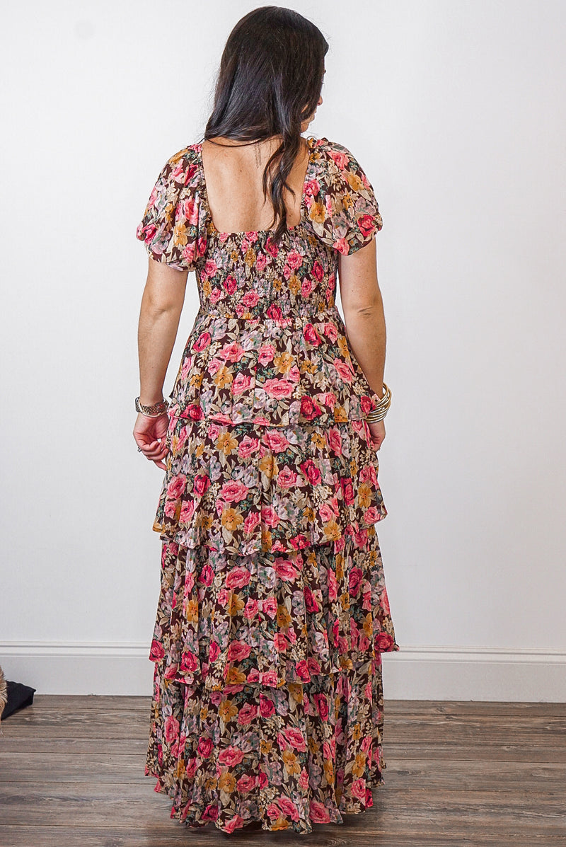floral brown tiered maxi dress