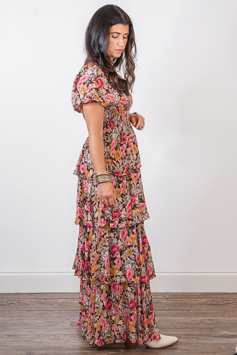 floral brown tiered maxi dress