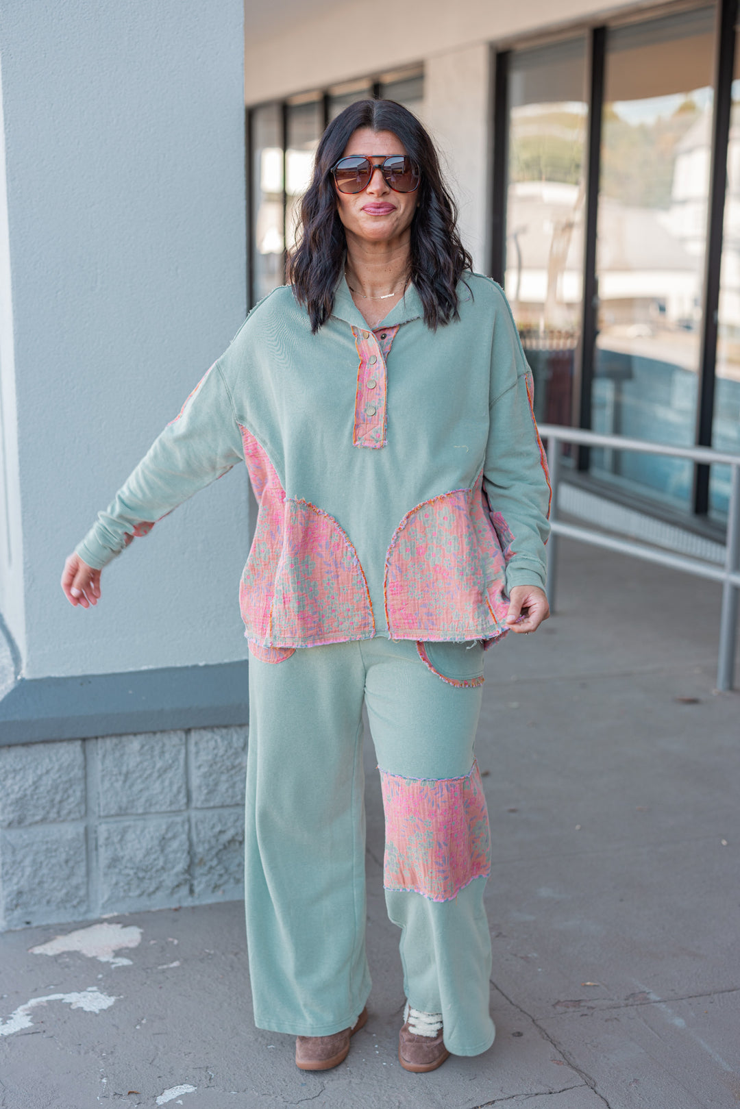 Women's trendy french terry knit sage pullover top with frayed floral patch gauze details by Easel, perfect for cooler weather