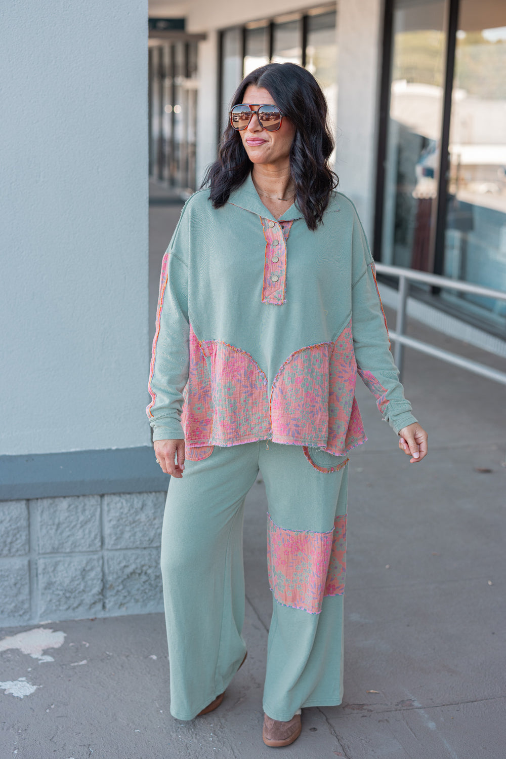 Women's french terry knit sage pants with frayed floral patch gauze details by Easel, perfect for cooler weather