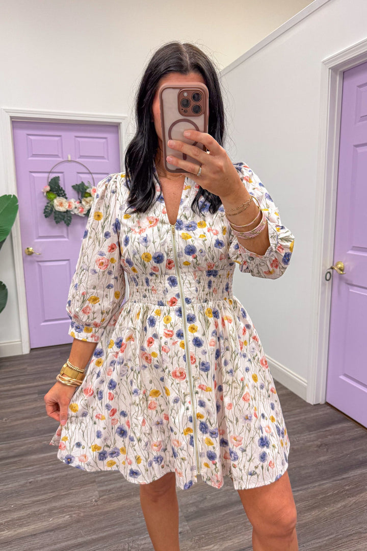 pastel floral print smocked waist front zipper short dress