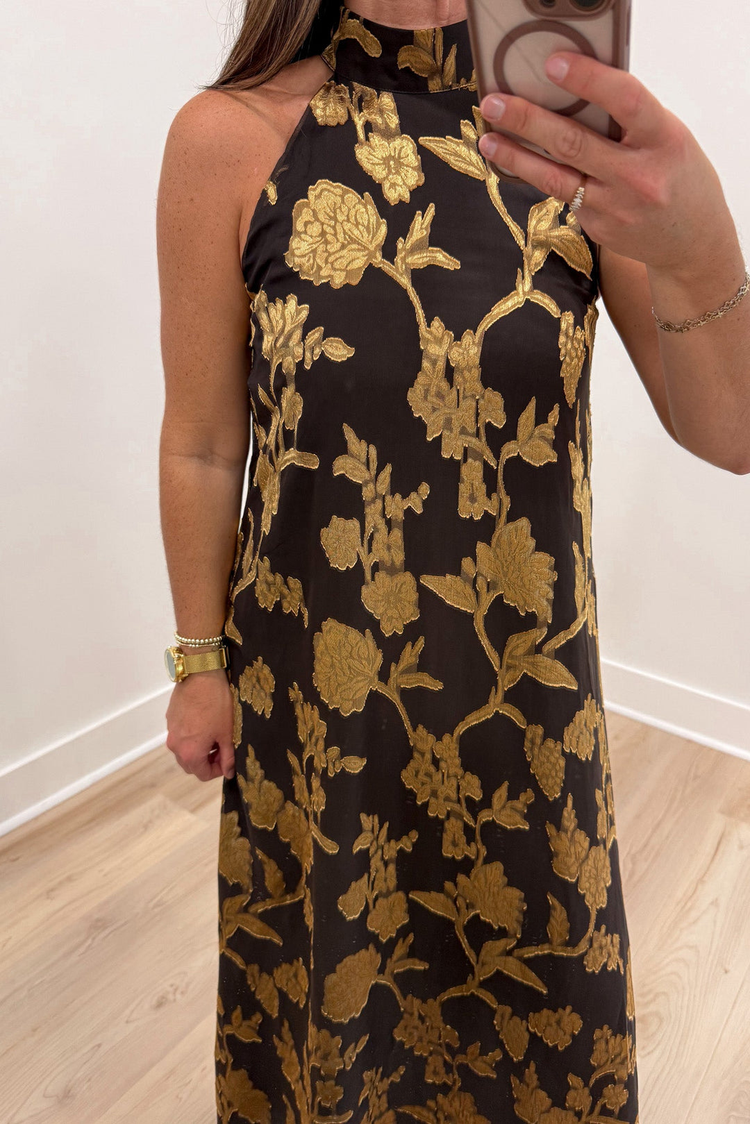floral jacquard gold brown maxi dress details