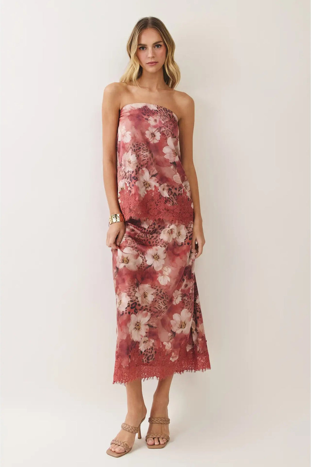 floral leopard print satin maxi skirt with top
