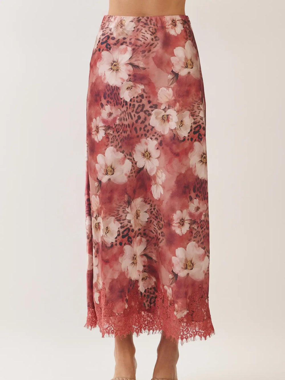 floral leopard print satin midi skirt