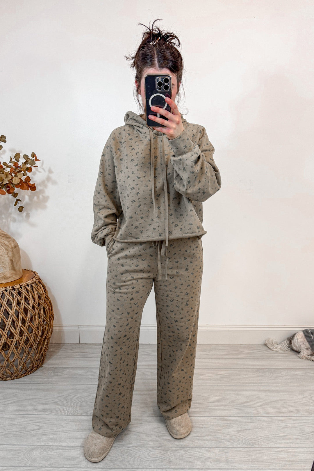 floral print tan blue matching sweatshirt pants set full