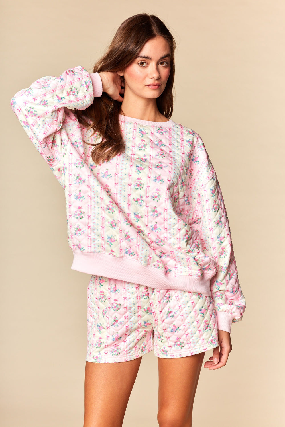 fancy pink floral matching shorts sets