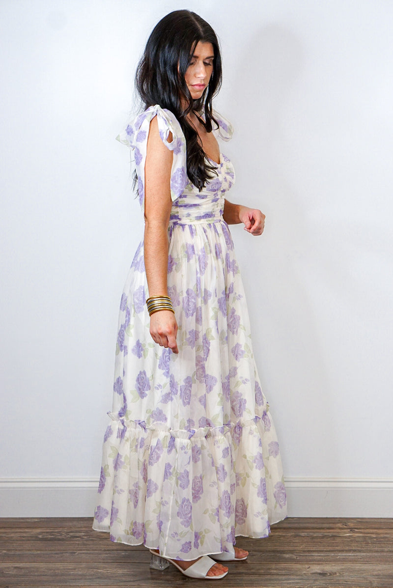 lavender floral smocked flowy dress