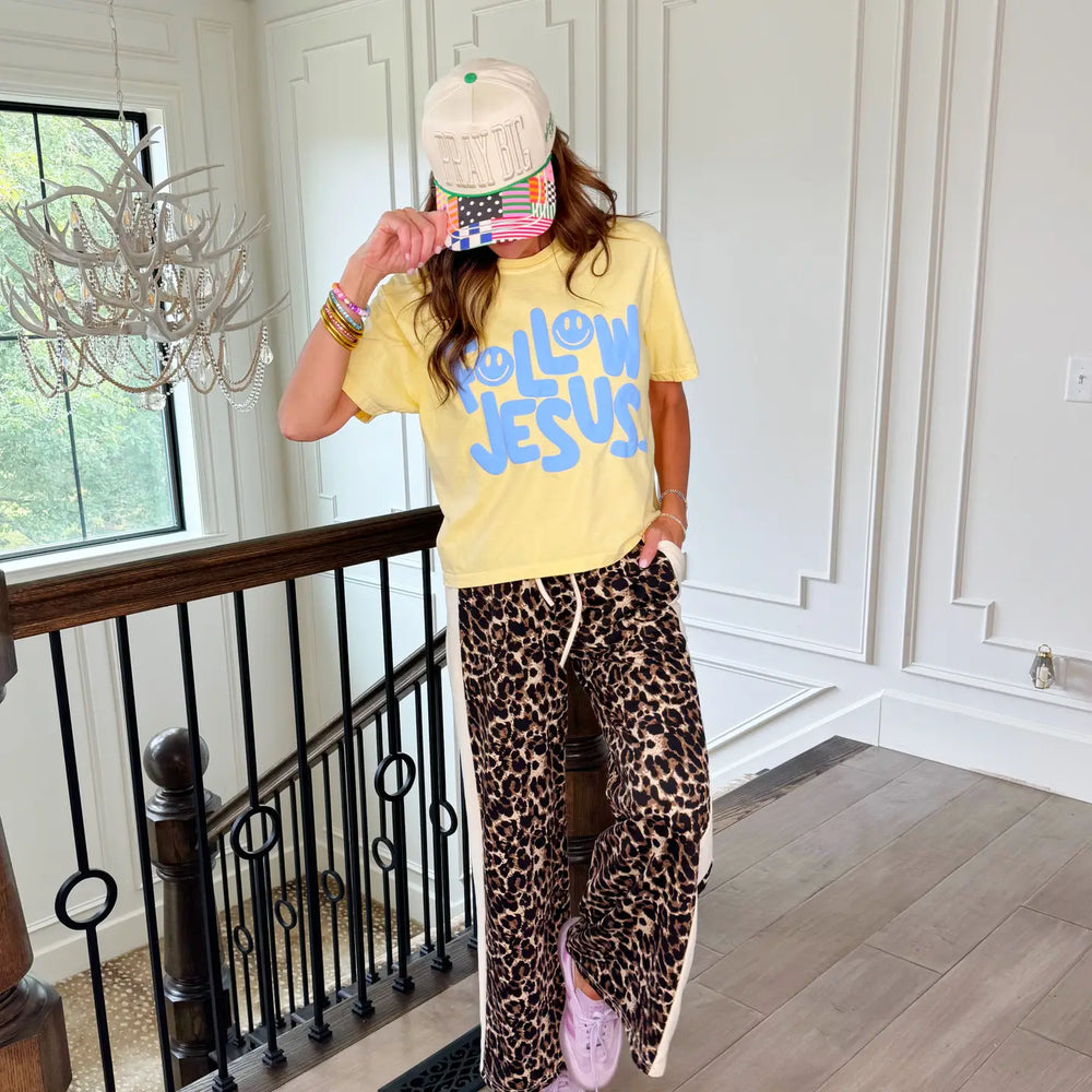 follow jesus puff cropped yellow graphic tee