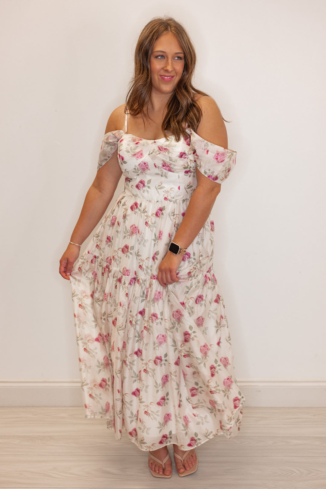 Off white with pink floral print summer event dress