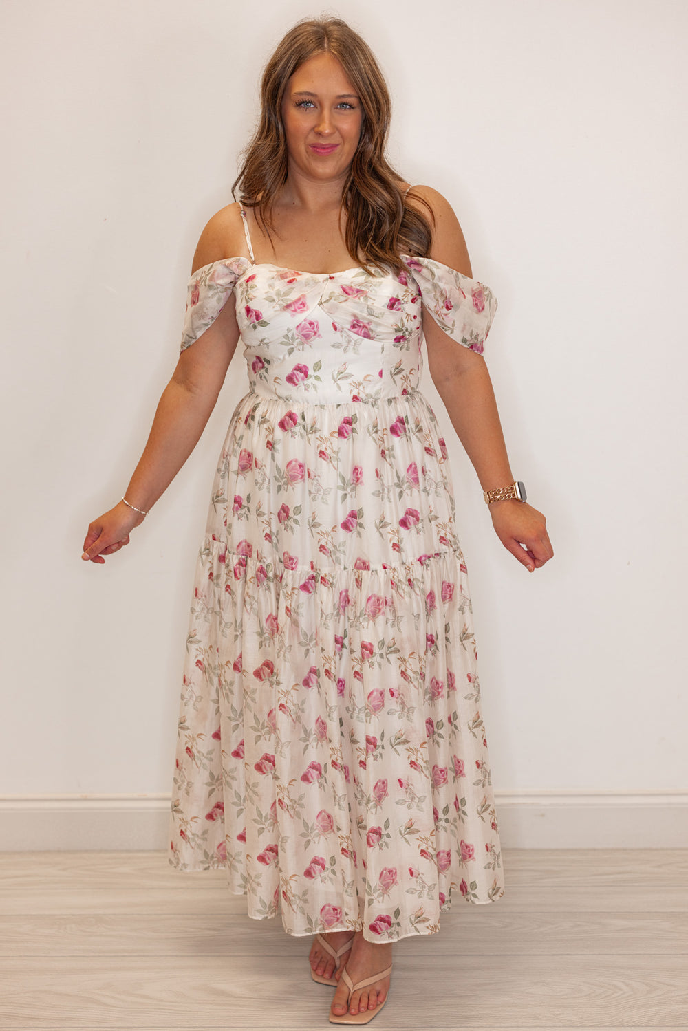 Off White Floral Off Shoulder Midi Dress | Purple Door | Commerce Ga Small Off White Floral Off Shoulder Midi Dress | Purple Door | Commerce Ga Small