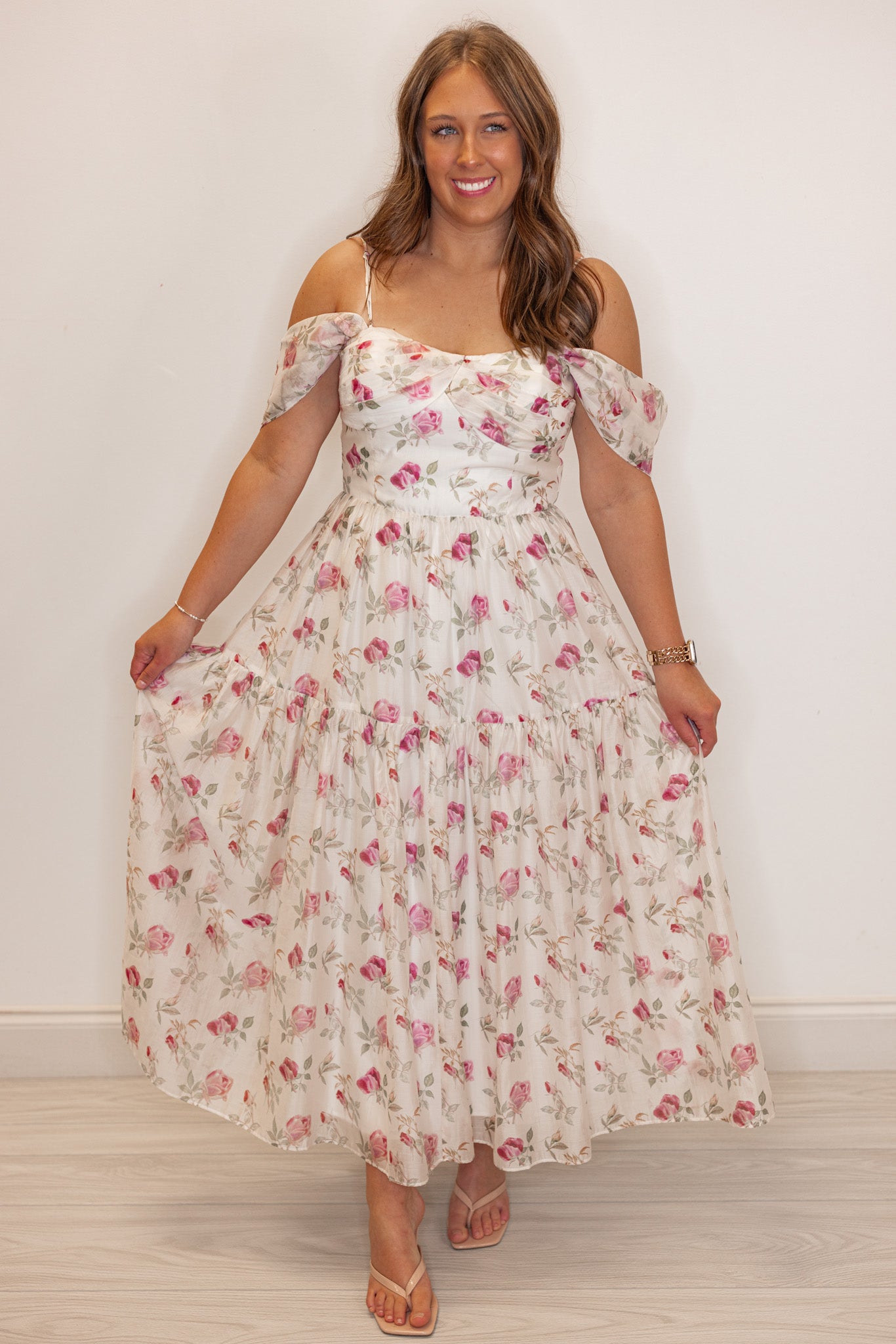 Off White Floral Off Shoulder Midi Dress | Purple Door | Commerce