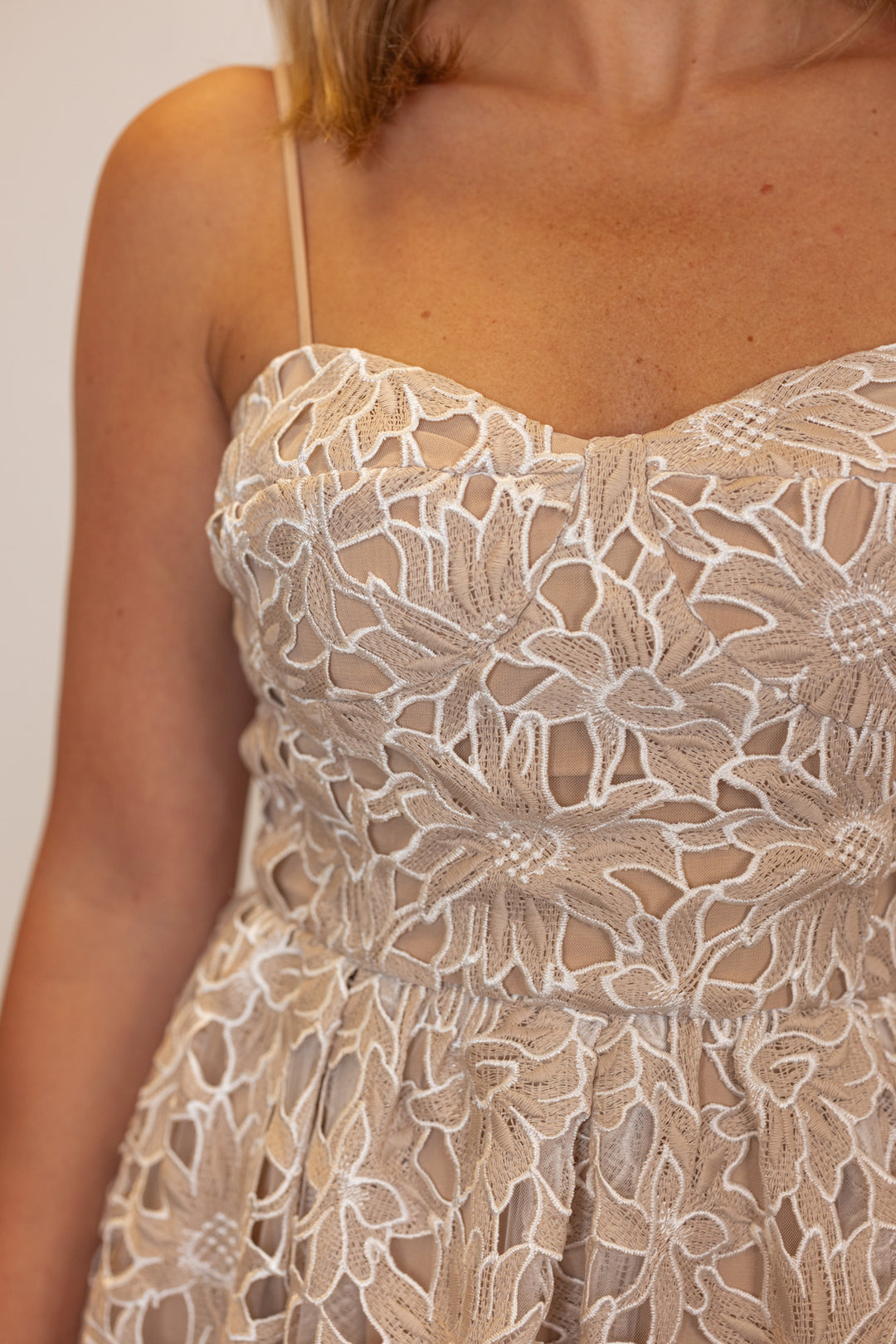 Beige Floral Lace Midi Dress | Free Shipping Over $100.00 Purple Door Boutique Beige Floral Lace Midi Dress | Free Shipping Over $100.00 Purple Door Boutique