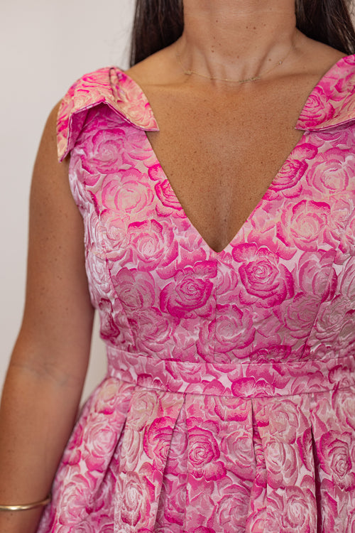 Women's rose floral print midi dress with bow shoulder straps by Entro showing up close front view