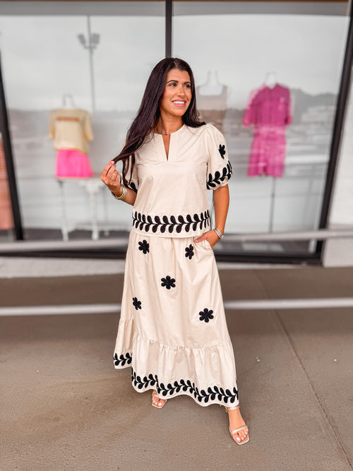 Women's ecru floral print poplin Summer maxi skirt by Strut And Bolt shown with matching top