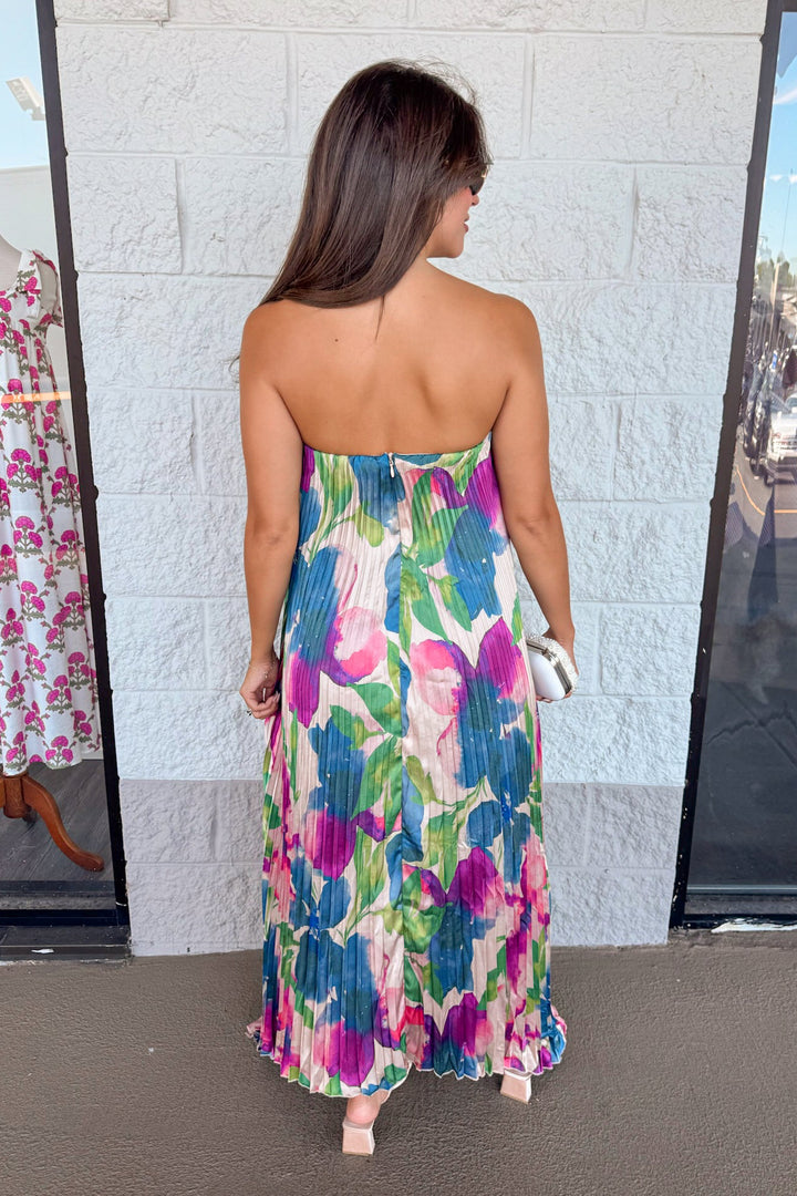 formal event wear pleated satin jewel tone floral print maxi dress