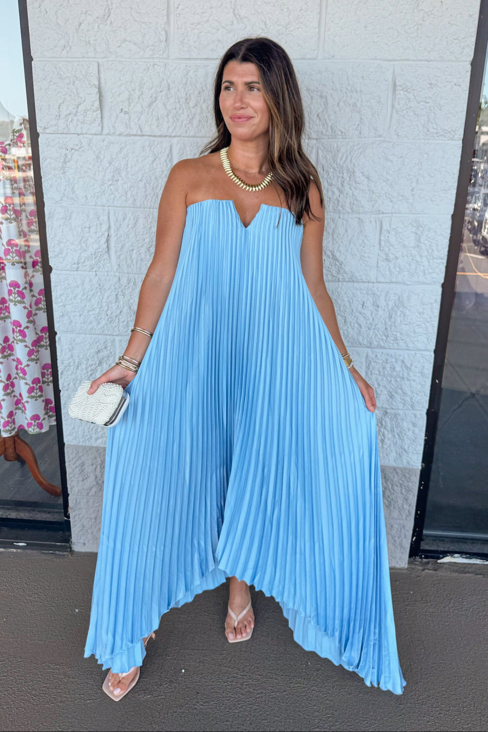 formal sky blue satin pleated flowy v neck strapless maxi dress 