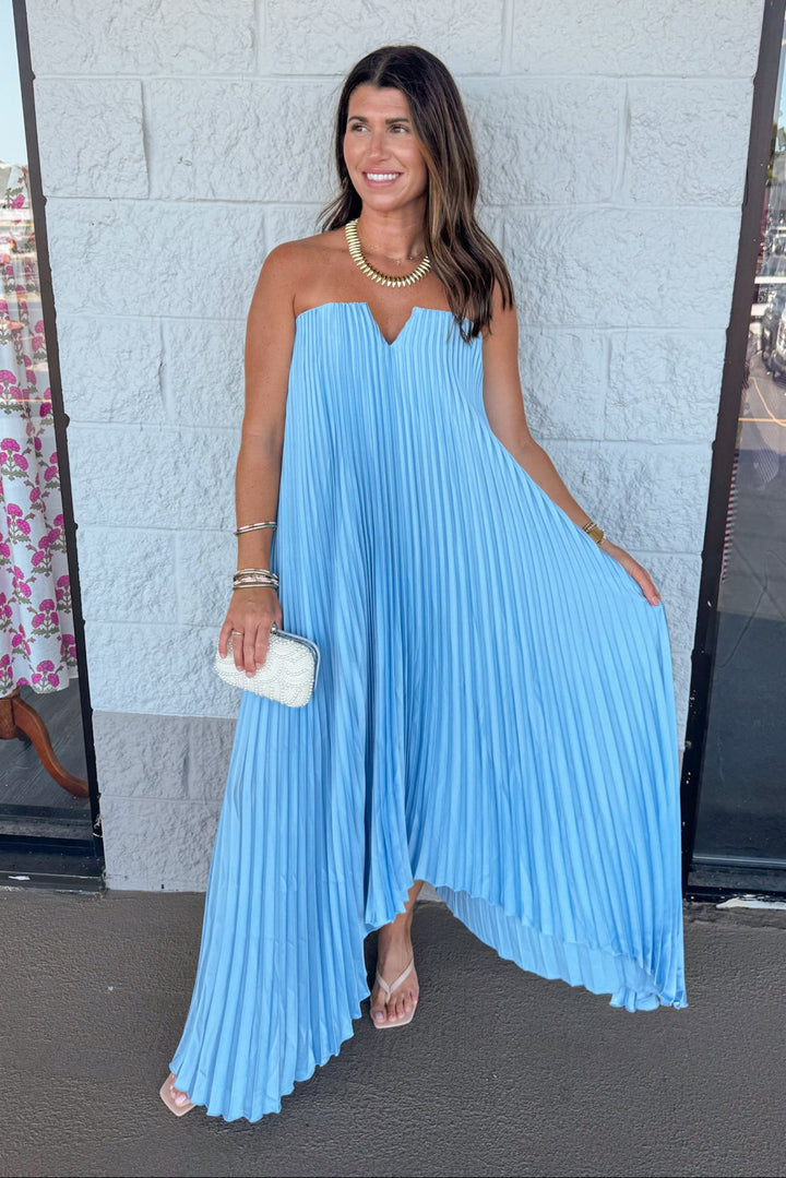 formal light blue satin pleated flowy v neck strapless long dress