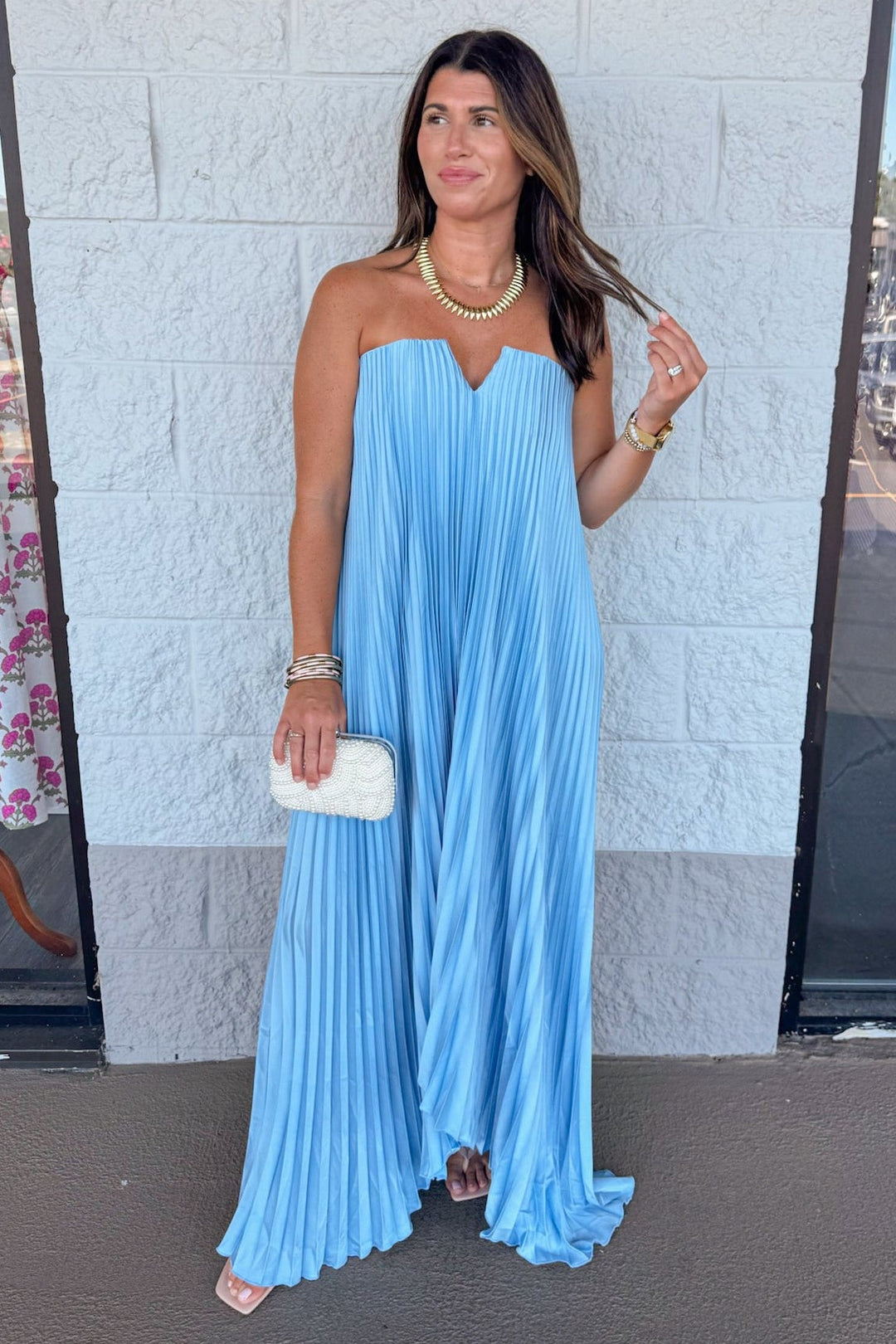 Retro Splendor Blue Satin Maxi Dress