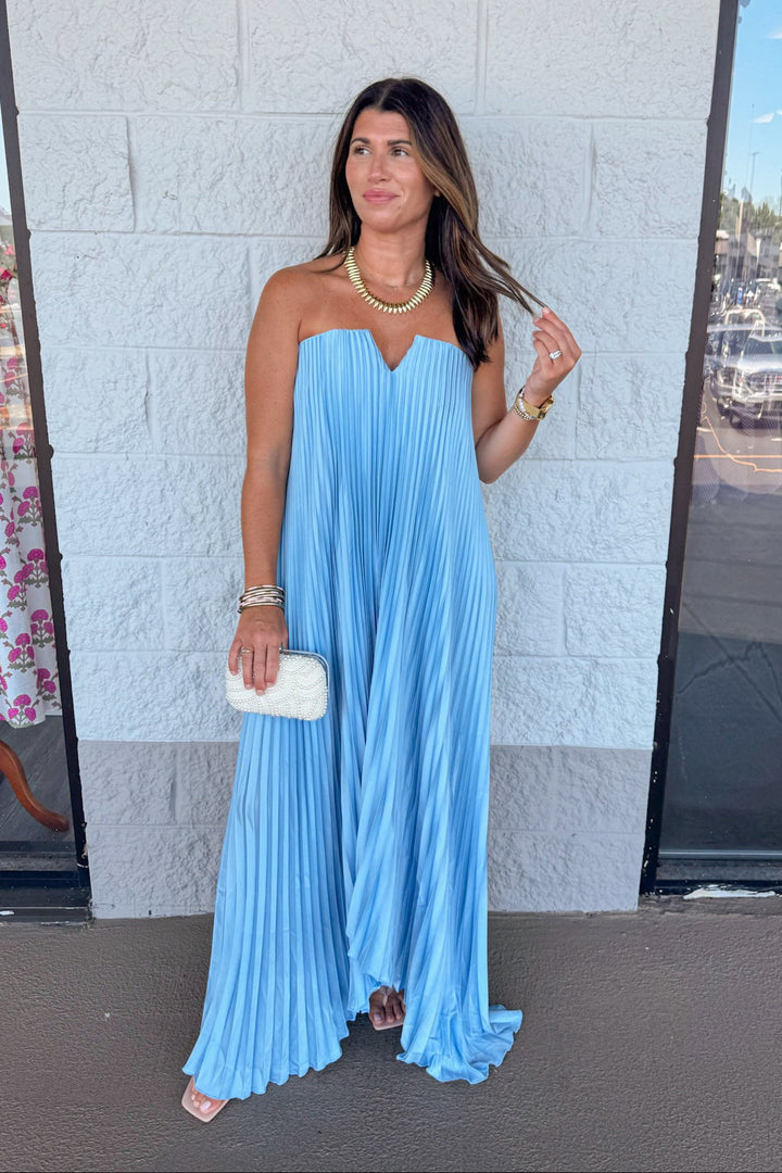 formal light blue satin pleated flowy v neck strapless maxi dress