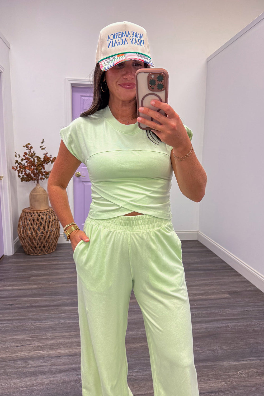 free people dupe lime mint jogger criss cross top set