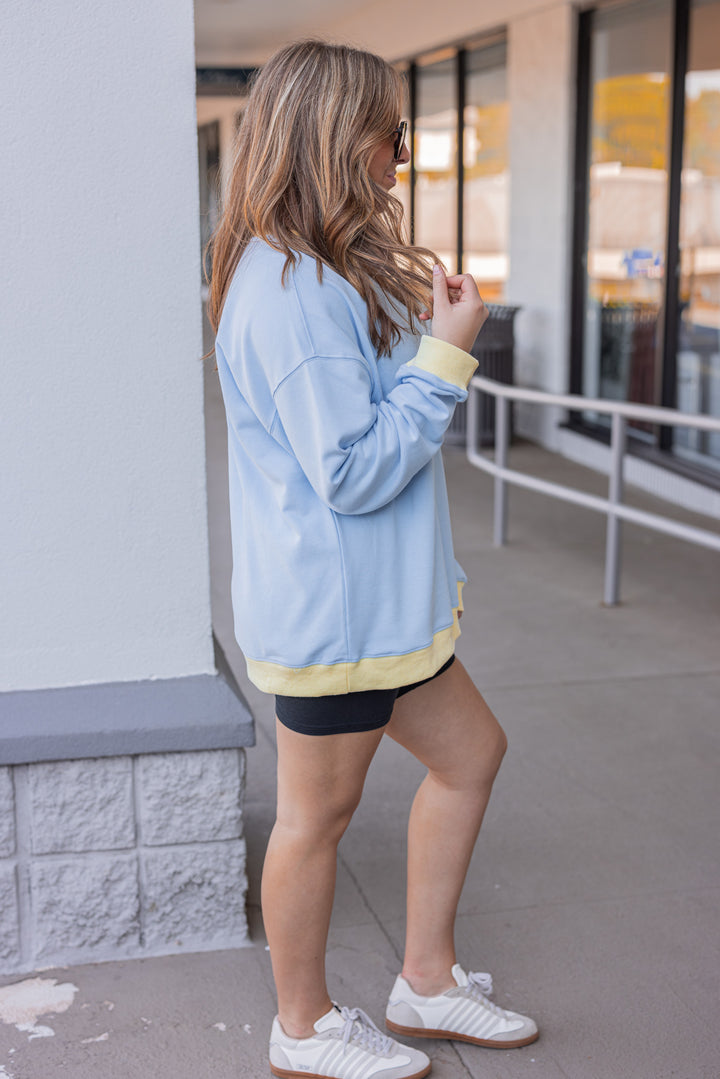light blue yellow trim pullover 