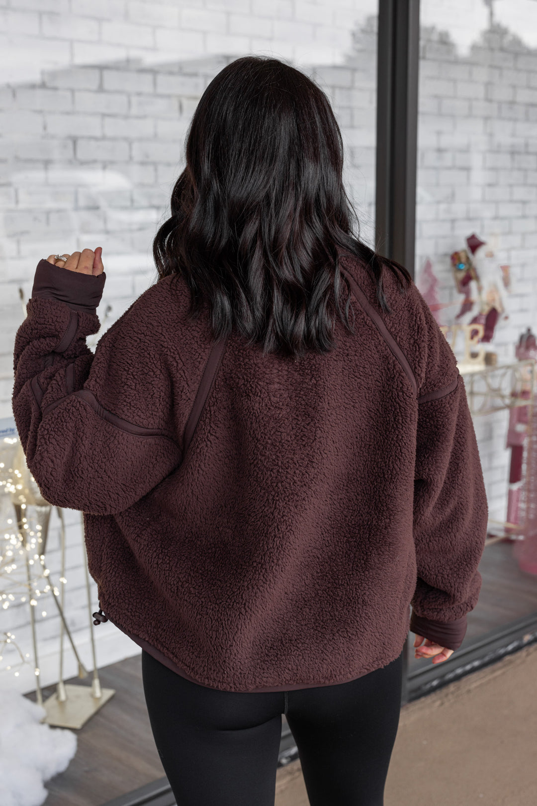 Women's espresso sherpa quarter zip pullover jacket with espresso trim by Rae Mode showing up close back view