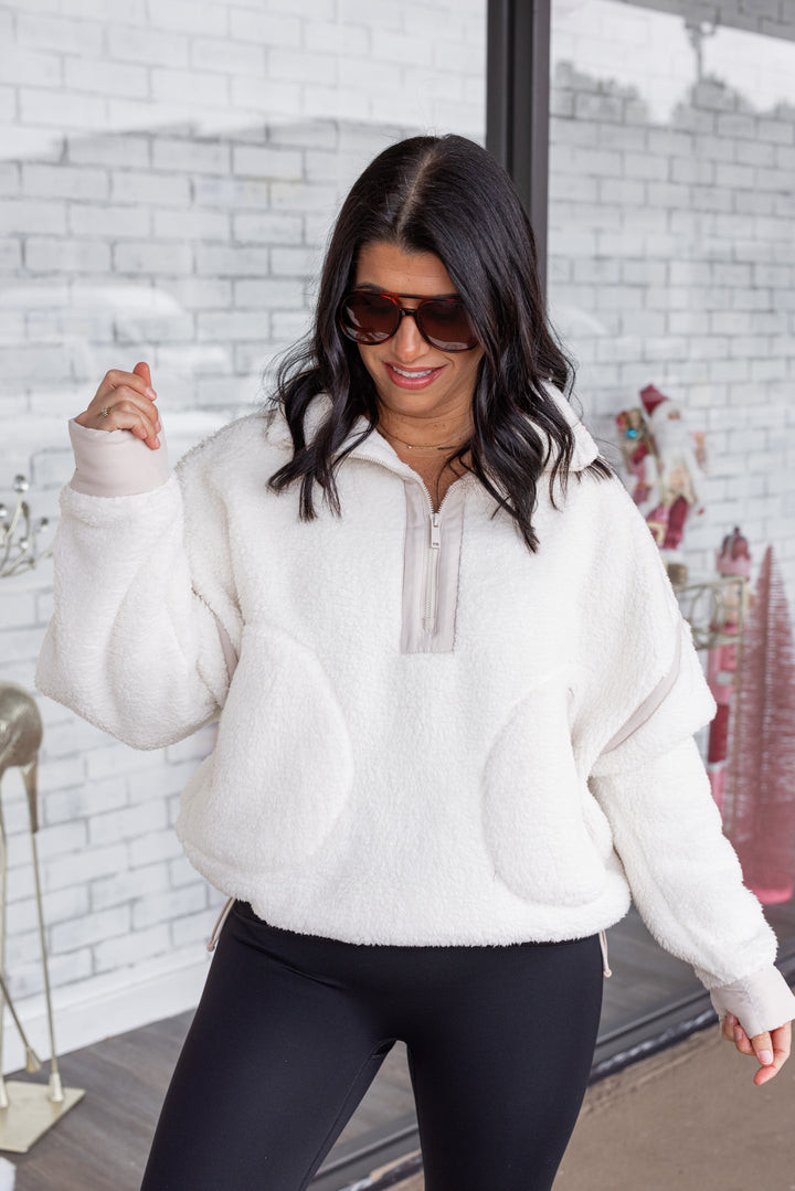 cream quarter zip dupe sherpa pullover