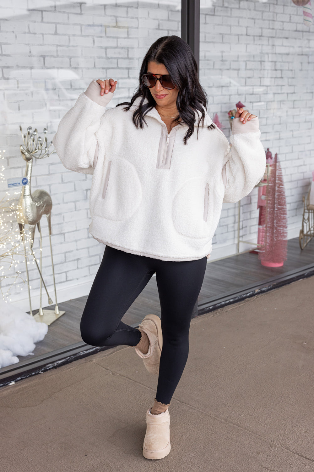 cream free people dupe sherpa pullover full outfit