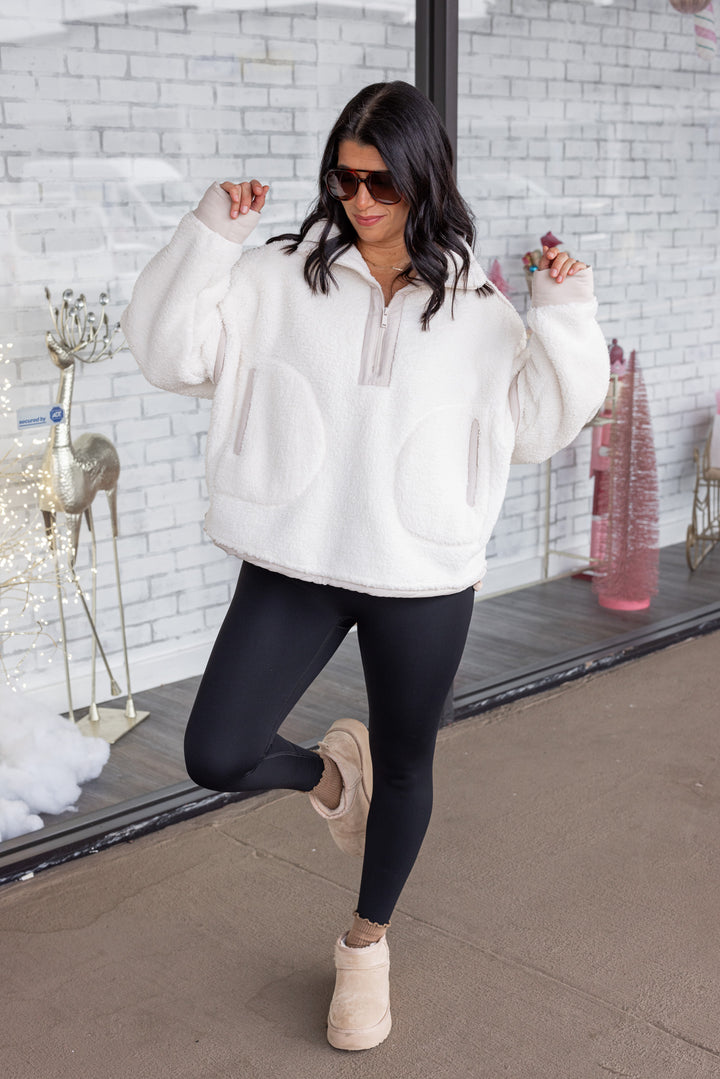 cream free people dupe sherpa pullover full outfit