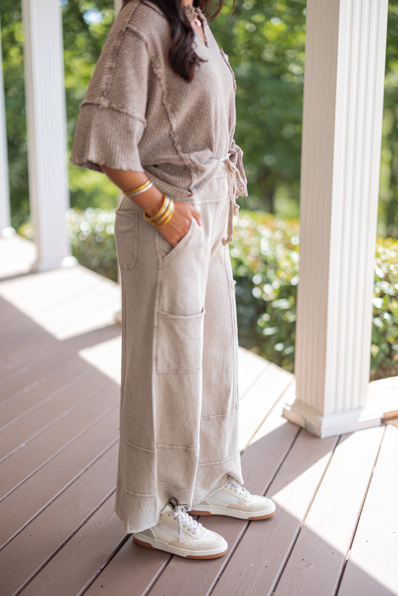 Washed Taupe Mushroom Terry Knit Pants | Purple Door Boutique | Easel