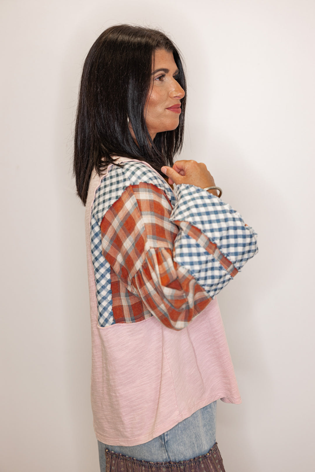 pink plaid color block sleeve top