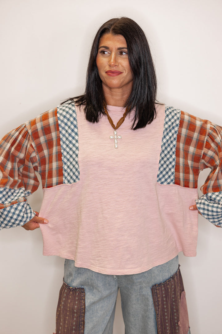 fall plaid color block long sleeve top