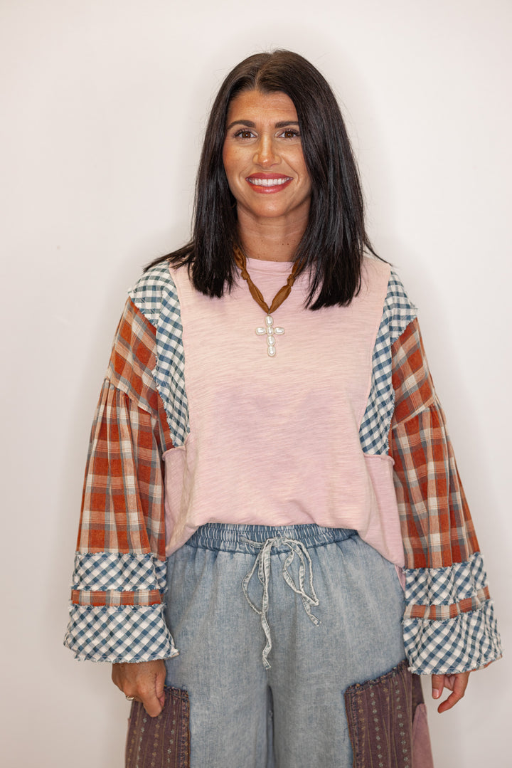 pink plaid color block casual style long sleeve top